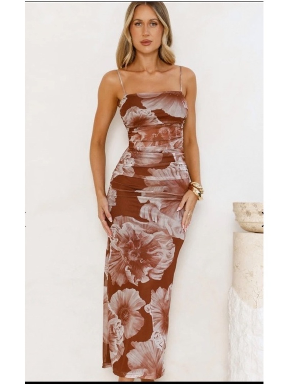 NWT Hello Molly “Palm Princess Mesh Maxi Dress” — Brown. - Picture 2 of 9